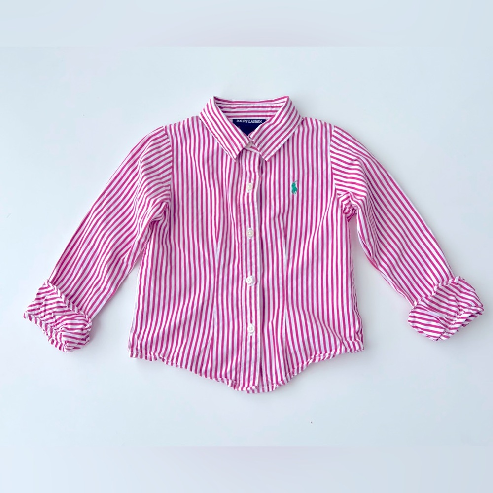 Ralph Lauren girls pink white stripe long sleeve button up shirt ruffle 3t